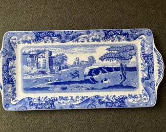 Spode Sandwich-Tablett, Kuchenplatte oder Servierplatte mit rechteckigem Griff und blauem italienischem Muster, B 34 cm