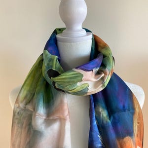Orange, Blue, White, and Green Long Tie Dye Silk Scarf | Wear as shawl, scarf, or scarf for hair | Anniversary Gift for her