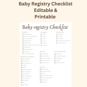Puede incluir: Una lista de verificación imprimible para artículos de registro de bebés. La lista de verificación está dividida en categorías: Guardería, Ropa, Viajes, Baño, Lactancia y alimentación, Juego y Otros esenciales. Cada categoría tiene una lista de artículos con casillas de verificación junto a ellos.