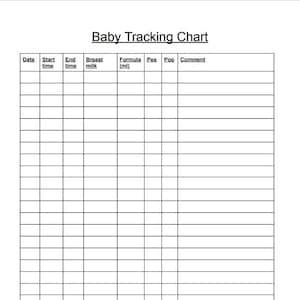Peut inclure: Un tableau de suivi de bébé imprimable en noir et blanc avec des colonnes pour la date, l'heure de début, l'heure de fin, le lait maternel, la formule en millilitres, le pipi, le caca et les commentaires.