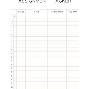 Op de afbeelding: Een witte opdrachttacker met de titel "ASSIGNMENT TRACKER". Het heeft kolommen voor klas, naam, opdracht en vervaldatum. De tracker heeft 21 rijen voor het registreren van opdrachten. Een vinkje staat in de eerste rij.