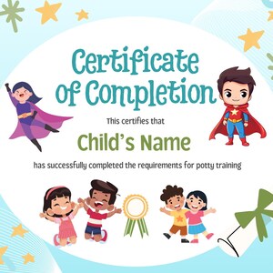 Puede incluir: Certificado azul y blanco con el texto "Certificado de finalización" y "Nombre del niño". El certificado presenta ilustraciones de dibujos animados de niños y superhéroes, junto con estrellas y coronas.