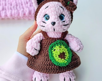 Personalized Crochet Cat Plush with Clothes, Amigurumi Kitty Doll, Gift for Toddler
