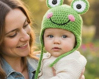 Crochet Froggy Beanie, Frog Hat with Earflaps, Toddler Photo Prop, Kawaii Animal Bonnet, Gift