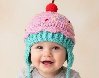 Crochet Cupcake Hat with Cherry: Knit Beanie for Baby, Toddler & Adult, Photo Shoot Prop.