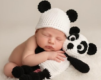 Newborn Crochet Panda Outfit, Plush Baby Photo Prop, Infant Hat Toy Set, Gift