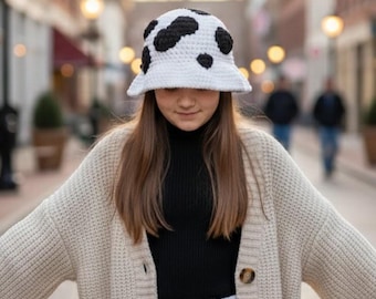 Crochet Cow Print Bucket Hat, Plush Handmade Animal Print Beanie, Teen Daughter Birthday Gift