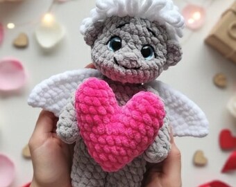 Valentine's Day Cupid Plushie, Crochet Angel Heart Toy, Romantic Gift for Her, Amigurumi Doll