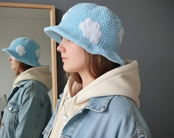 Crochet Cloud Bucket Hat Sky Blue Plush Y2K Accessory Spring Sun Hat