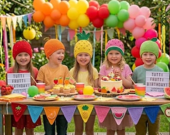 Crochet Fruit Hat Bunting Garland Set Tutti Frutti Birthday Party Decor Kids Photo Prop