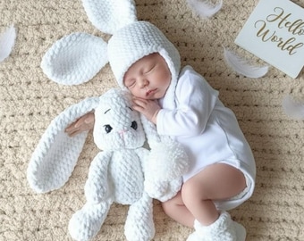 Crochet White Bunny Plush Hat Set Newborn Photo Prop Baby Shower Gift Easter Outfit