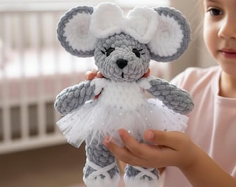 Personalized Mouse Ballerina Plushie, Crochet Animal Toy for Girl, Nursery Decor Gift, Amigurumi Mouse