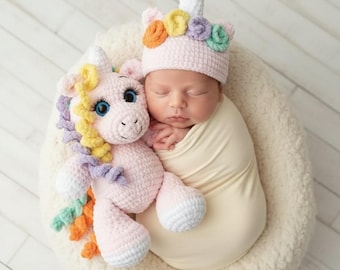 Baby Unicorn Crochet Photo Prop Set, Plush Baby Girl Gift, Amigurumi Toy and Hat