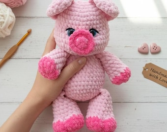 Personalized Crochet Pig Plushie, Pink Stuffed Animal, Handmade Velvet Piggy Toy, Baby Shower Gift