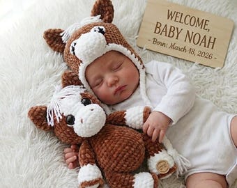 Crochet Horse Plush and Baby Hat Set Personalized Newborn Gift Pony Stuffed Animal Outfit