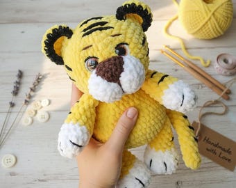 Personalized Amigurumi Tiger Plush, Custom Name Stuffed Animal, Soft Velvet Toy Baby Shower Gift