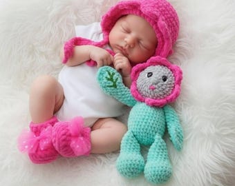 Pink Plush Crochet Newborn Girl Outfit Flower Hat Booties Doll Set Baby Shower Gift