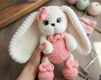 Pink Plush Crochet Bunny Toy, Long Eared Amigurumi Rabbit, Baby Girl Shower Gift