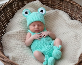Knitted Newborn Frog Outfit Baby Photoshoot Romper Hat Booties Plush Crochet Newborn Photography Props