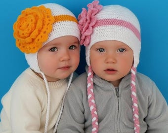 Twin Sister Matching Crochet Hats, Big Flower Toddler Earflap Cap, Newborn Baby Girl Gift