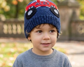 Personalized Monster Truck Baby Hat Crochet Boy Beanie Custom Name Toddler Winter Hat Gift