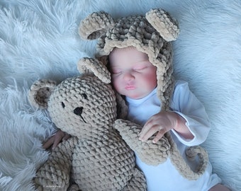 Handmade 21" Reborn Baby Doll with Crochet Toy Bear - Realistic Sleeping Doll for Kids. Reborn clothes.