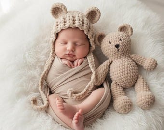 Newborn Bear Hat and Teddy Set / Plush Crochet Baby Photo Prop / Infant Gift