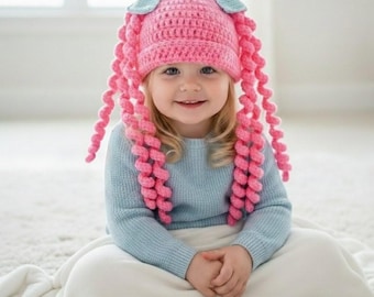 Crochet Doll Wig Hat with Curls for Toddler Kids and Adults, Funny Photo Prop