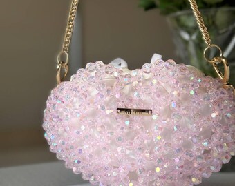 Heart Bag,Wedding Bag, Bridal Handbag, Beaded Handbag, Crystal Handbag, Beaded Purse,Beaded Clutch,Pink Beaded Bag,Аcrylic Нandbag, handmade