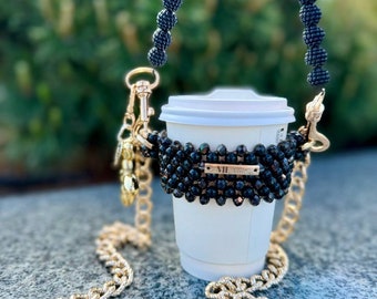 Black beaded cup holder on a chain, Handmade, Holder for drinks, Coffee, Tea, Cup sleeve, Gift for her