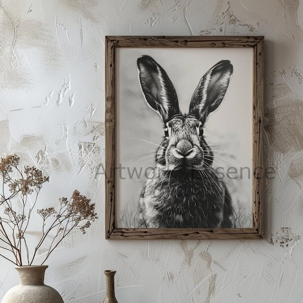 Charcoal Drawing Of A Rabbit, Realistic Animal Portrait, Black And White, Detailed Drawing, High Resolution, Printable Wall Art