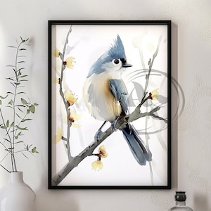 A Watercolor Illustration Of An Elegant Tufted Titmouse Bird, Sitting On A Branch, Light Background, Digital Download, Printable Wall Art