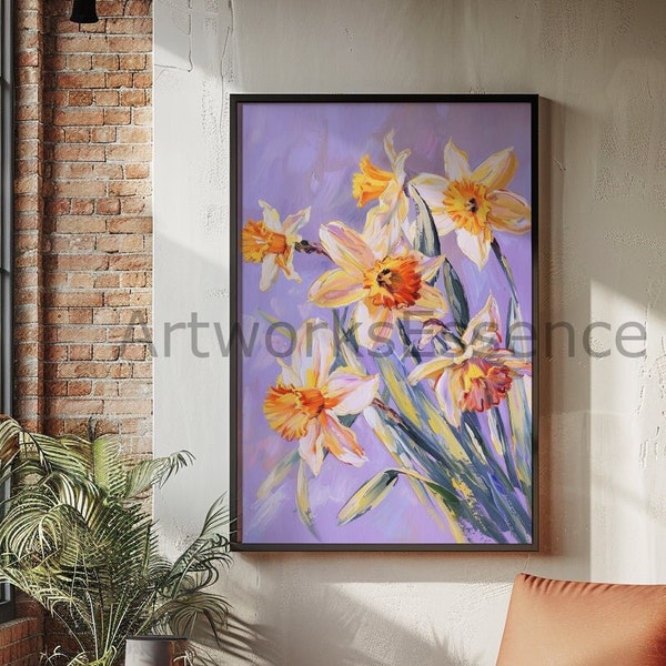 Oil Painting Of Daffodils, Loose Brush Strokes, Modern Impressionism, Bright Colors, Spring Flowers, Floral Art, Printable Wall Art