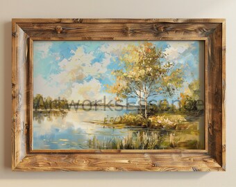 抽象的な水彩画、畑と木々の風景画、ミニマリストスタイル、落ち着いた