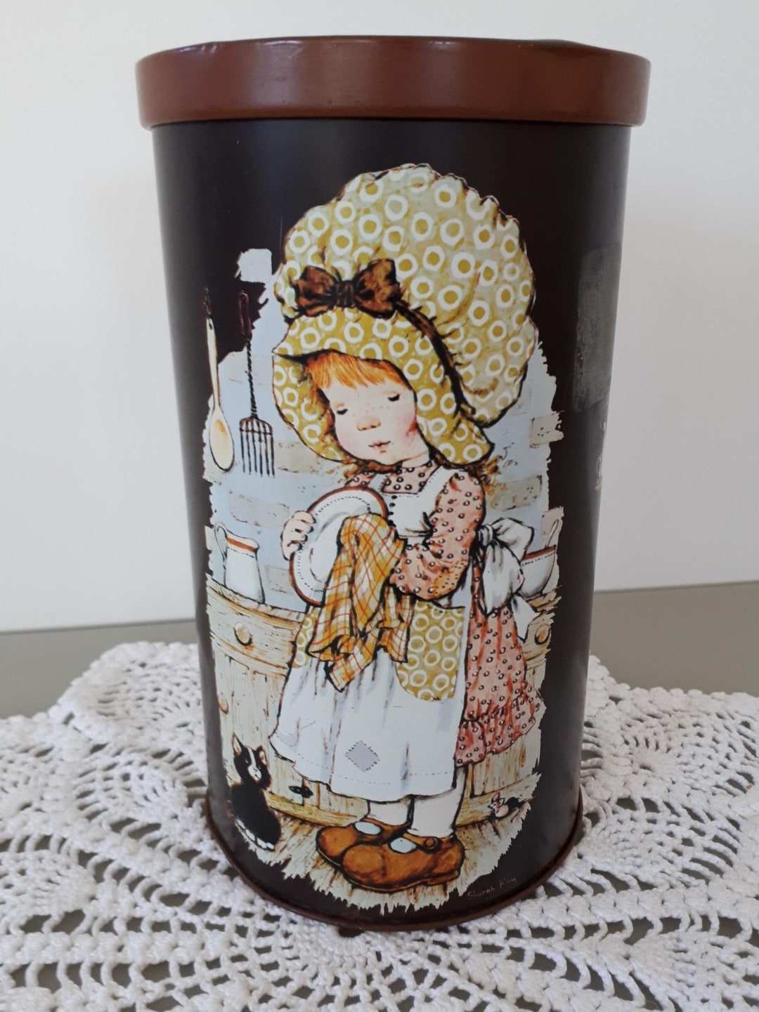 Marilynsjunkyard - Sarah Kay Tin - Tall Round Brown Canister, Rusk Tin ...