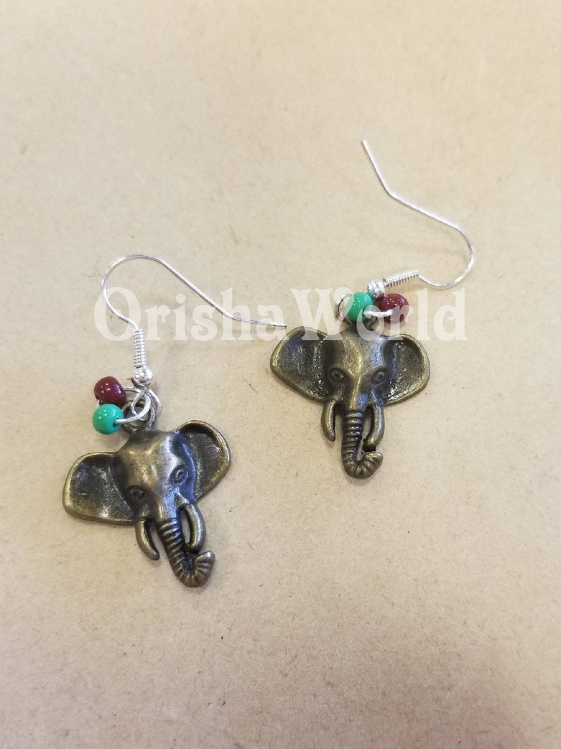 Orisha Orula Earrings w Bronze Elephant Charm and Yellow /& Green Czech Beads Your purchase supports a Iyawo Santeria Ifa 3