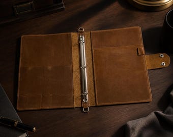 Leather ring binder portfolio A5, Handmade leather organizer, Refillable padfolio with strap, Business folio, Document holder