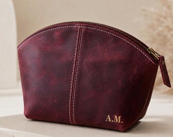 Leather makeup bag with name, Personalized makeup bag, Cosmetic bag for bride,  Bridesmaid gift, Custom toiletry pouch