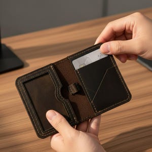 Può includere: Portafoglio in pelle marrone scuro aperto con diverse fessure per carte e chiusura a scatto. All'interno, una carta di credito è parzialmente visibile. Le cuciture sono ben visibili sui bordi.
