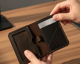 Slim leather card holder wallet, Minimalist front pocket wallet for men, Handmade leather wallet with ID window, Compact bifold wallet