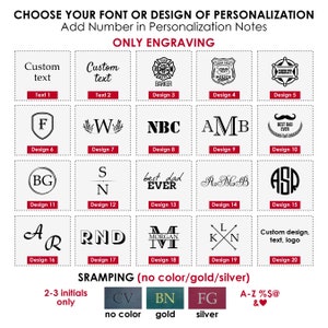 Op de afbeelding: Een grafiek met verschillende lettertype- en ontwerpmogelijkheden voor personalisatie. De grafiek is verdeeld in 20 secties, elk met een ander ontwerp. De ontwerpen omvatten letters, logo's en symbolen. De grafiek biedt ook opties voor stempelen zonder kleur, in goud of zilver.