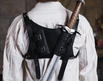 Larp back sword holder, Leather sword scabbard sheath, Black leather back scabbard, Double sword back sheath, Leather double sword scabbard