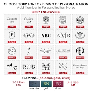 May include: A chart showing different font and design options for personalization. The chart is divided into 20 sections, each with a different design. The designs include text, initials, logos, and symbols. The chart also includes options for stamping with no color, gold, or silver.