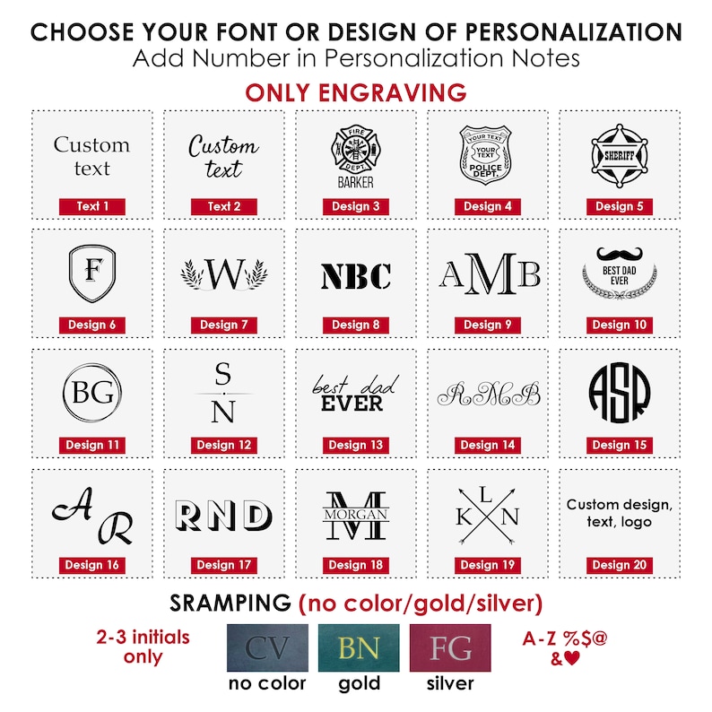 May include: A chart showing different font and design options for personalization. The chart is divided into 20 sections, each with a different design. The designs include text, initials, logos, and symbols. The chart also includes options for stamping with no color, gold, or silver.