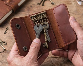 Personalized leather key case, Personalized key holder, Personalized keychain, Personalized key wallet, Handmade key bag