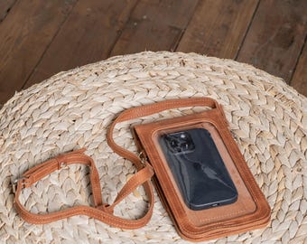 Bolso para teléfono, Bolso bandolera para teléfono, Bolso de cuero para teléfono, Estuche de cuero para teléfono, Monedero para teléfono celular, Bolso marrón para teléfono, Estuche bandolera para teléfono