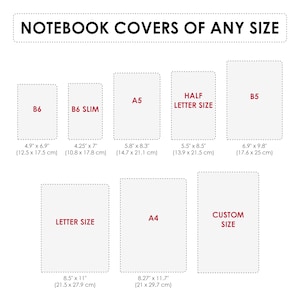 Op de afbeelding: Een grafiek met verschillende maten voor notitieboekomslagen in inches en centimeters. De maten omvatten B6, B6 Slim, A5, Half Letter formaat, B5, Letter formaat, A4 en Aangepast.
