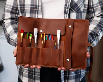 Leather pencil roll, Custom brush holder, Travel art supplies, Pencil roll case, Artist tool roll, Leather artist roll, Artist brush roll