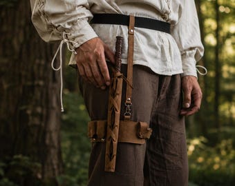 Leather larp wand holder, Garter leg sheath, Wizard costume accessory, Leather wand holster for cosplay