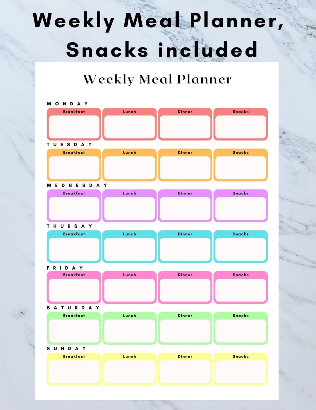 Colorful Weekly Meal Planner. Fillable PDF and Printable PDF. Including ...